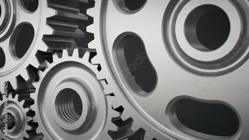 Intricate metallic gears meshing smoothly in a dynamic industrial backdrop, symbolizing precision engineering, teamwork, and the power of interconnected mechanisms