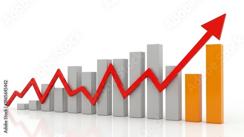 Rising graph with red arrow indicating upward trend and growth, symbolizing success and positive financial progress