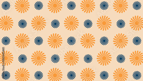 Seamless pattern of orange and dark blue sun icons with wavy rays on beige background. Retro summer sunburst vector illustration for vintage textile and wallpaper