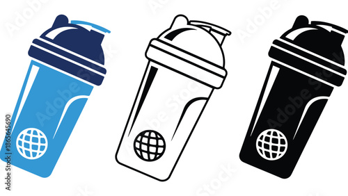 Versatile shaker bottle designs for fitness drinks, presented in blue, outline, and black.