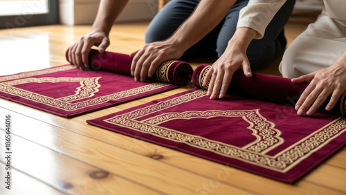 Muslim Couple Rolling Up Red Prayer Rugs on Wooden Floor After Prayer