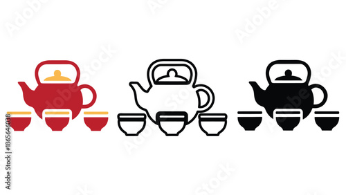 Set of stylized teapots and cups in red, black, and outline designs