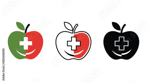 Healthy lifestyle symbol with apple and medical cross icons in green red and black