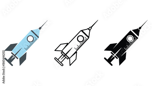 Creative concept blending medical syringe and rocket ship for forward progress and innovation.