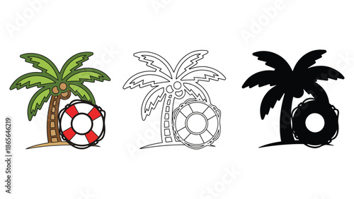 Tropical palm tree with life preserver on beach, presented in color, outline, and silhouette