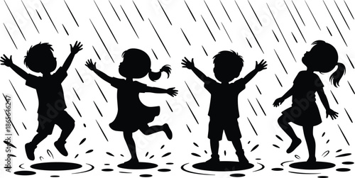Kids playing in heavy rain silhouette illustration joyful children jumping puddles outdoor fun rainy day black white scene