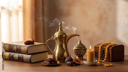 Ramadan decorations with traditional Middle Eastern items and books.