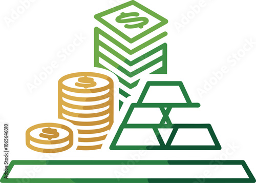 Stacked money coins and gold bars illustration representing wealth accumulation financial assets investment and banking concept