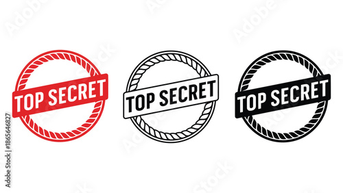 Three circular stamps with "TOP SECRET" text in red, black and white for official documents