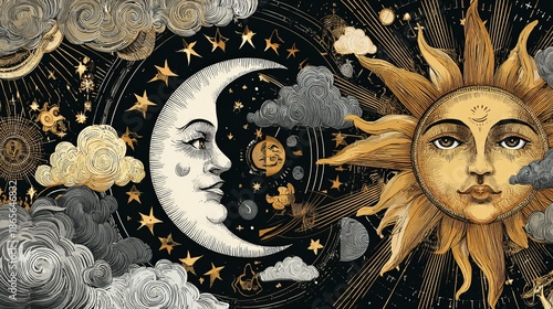 A mystical flag for celestial alchemy and astrology. The zodiac, tarot, universe device, crescent moon with a face, clouds, sun, and moon on a black backdrop are all shown in heavenly art