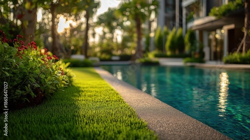 Wallpaper Mural A serene poolside scene featuring vibrant greenery, flowers, and a clear reflection in the water, illuminated by soft sunset light. Torontodigital.ca