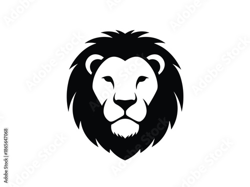 Black silhouette of a lions head on with thick mane