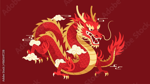 A vibrant red and gold dragon illustration on a deep red background, symbolizing good fortune in Chinese culture during the kuda chinese day.