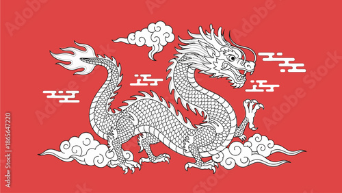 A silver dragon design on a red background, symbolizing good fortune in Chinese culture on kuda chinese day with clouds and flames.
