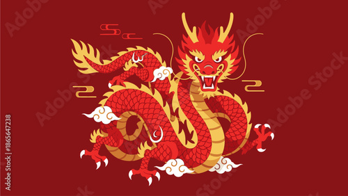 A vibrant illustration of a traditional Chinese dragon on a red background, symbolizing good fortune and prosperity during the Chinese New Year or kuda chinese day.
