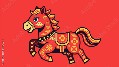A kuda horse with Chinese-inspired design patterns runs across a vibrant red background on a kuda chinese day.