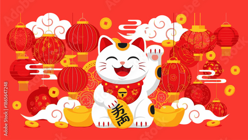 Illustration of a cheerful Maneki-Neko figurine waving with one paw, surrounded by red lanterns and gold coins on a vibrant red background, symbolizing good fortune on a kuda chinese day.