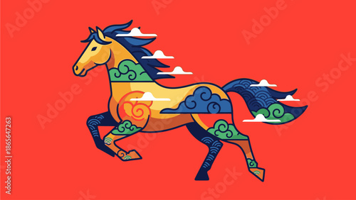 Illustration of a kuda horse in traditional Chinese style with swirling patterns on a red background, conveying a sense of dynamic movement and cultural heritage on a chinese day.