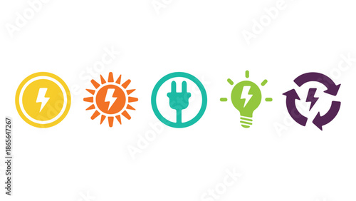Collection of vibrant icons representing renewable energy sources and electricity.