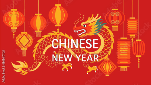 Vibrant illustration of a dragon surrounded by lanterns on a red background celebrating the Chinese New Year or kuda chinese day with traditional decorations.