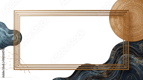 Elegant Abstract Background with Golden Frames, Wavy Blue Patterns, and Ancient Gold Disk Design