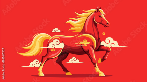 Vibrant illustration of a red horse with golden accents and flowing mane, set against a bold red background with stylized clouds, symbolizing the kuda chinese day.