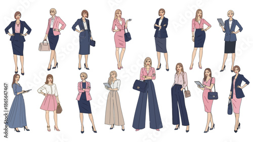 Professional businesswomen in various stylish outfits and poses