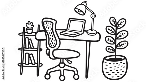 Cozy home office setup with laptop, desk, chair, books, and plants.