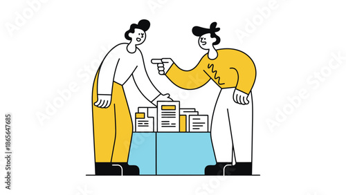 Two people discussing documents on a table, illustrating collaboration and agreement.