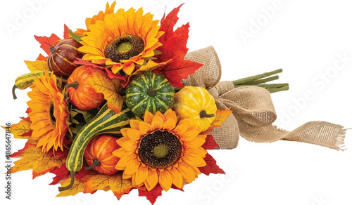 Beautiful autumn harvest bouquet featuring vibrant yellow sunflowers orange pumpkins green gourds and red maple leaves with burlap bow