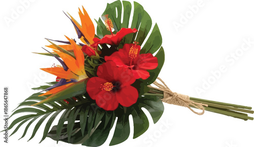 Beautiful tropical bouquet featuring red hibiscus flowers and orange bird of paradise blooms with lush green monstera palm leaves.