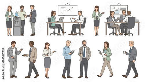 Professionals interacting and working in modern office settings