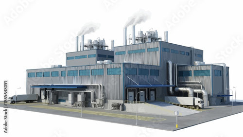 Modern industrial factory building with trucks and smoke stacks.