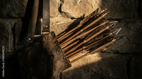 A full quiver of arrows rests against a textured stone wall, bathed in dramatic light