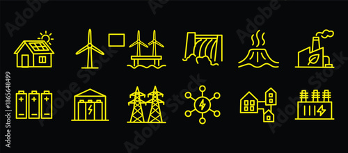 Renewable energy and low emission sustainable power system line icon set including solar, wind, hydrogen and EV charging. Clean energy generation and grid infrastructure vector illustration.