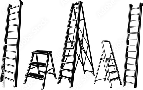 Different types of ladders, step ladder, extension ladder, folding ladder, aluminum ladder, construction tools, home improvement equipment isolated