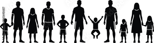 Family silhouette illustration, parents and children figures, human height comparison, generation concept, black people icons isolated white backgroundFamily silhouette illustration