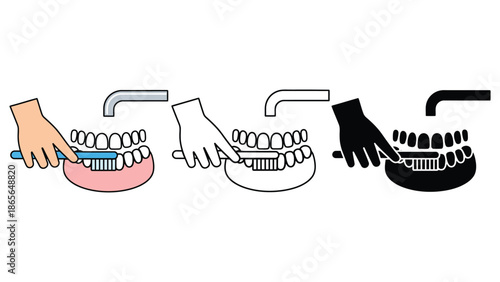Hands demonstrate proper cleaning of dentures under running water with a toothbrush for oral hygiene.