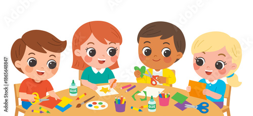 Preschool Kids Doing Creative Art Activities Together. Children Making Paper Crafts with Glue and Scissors. Art Class for Children with Colored Paper and Supplies.