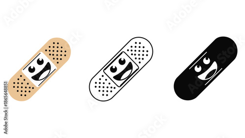 Three illustrated band-aids, one in color, one line drawing, and one silhouette, all with happy faces.