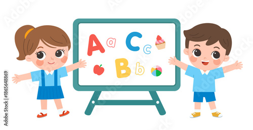 Happy school children learning alphabet letters together in a classroom, standing beside a colorful board with ABC symbols and playful illustrations.