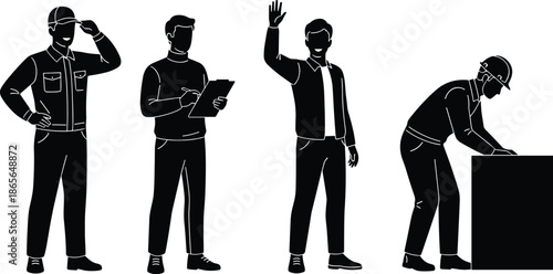 Industrial workers silhouette illustration, construction, manufacturing, engineering teamwork, safety roles, inspection, labor force concept, isolated vector design