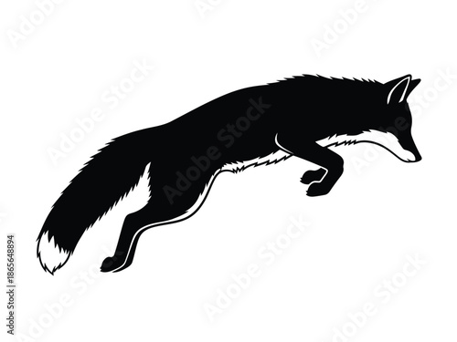 Black silhouette of a fox jumping with white accents