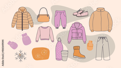 Flat vector illustration of twenty winter clothing items and accessories