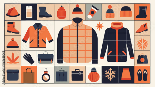 Vector illustration of twenty winter products in a grid layout
