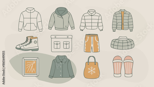 Luxury winter clothing and accessories icon set with twenty items