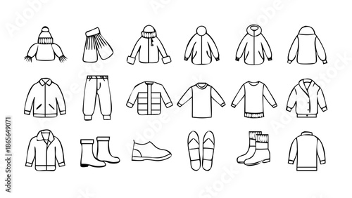 Set of twenty winter clothing product icons in one layout