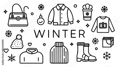 Vector illustration of winter clothing and accessories collection
