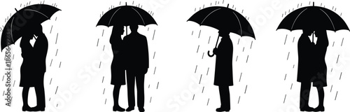 Romantic couple silhouette, umbrella love, rainy day embrace, black and white art, emotional intimacy, stormy weather romance, artistic mood scene