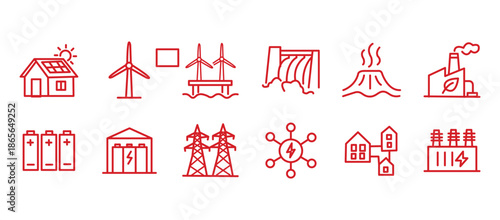 Renewable energy and low emission sustainable power system line icon set including solar, wind, hydrogen and EV charging. Clean energy generation and grid infrastructure vector illustration.